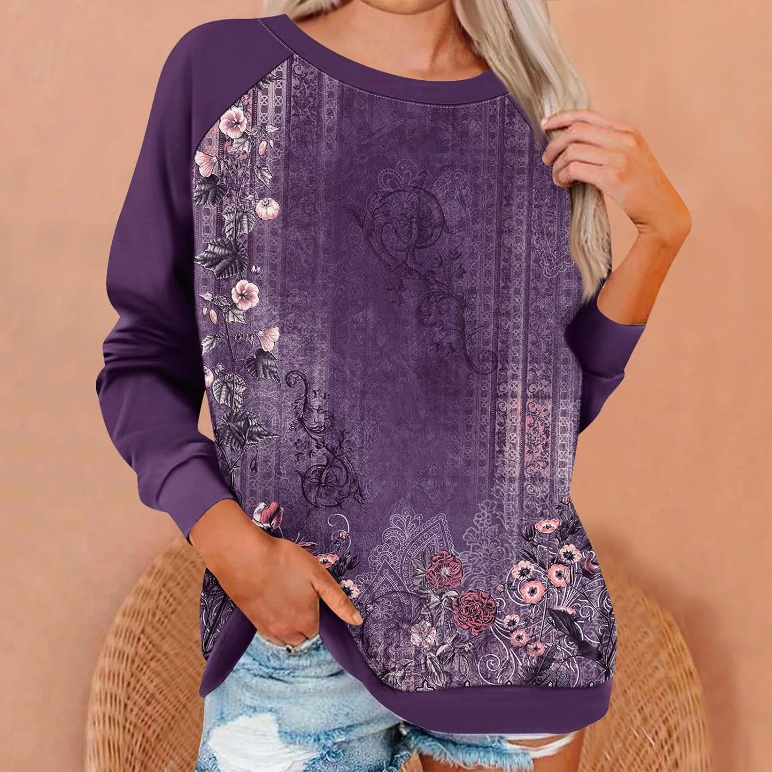 Fall Womens Clothes 2024 Floral Print Crewneck Cute Sweatshirt Long Sleeve Oversized Basics Clothes Clothing