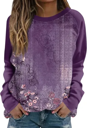 Fall Womens Clothes 2024 Floral Print Crewneck Cute Sweatshirt Long Sleeve Oversized Basics Clothes Clothing