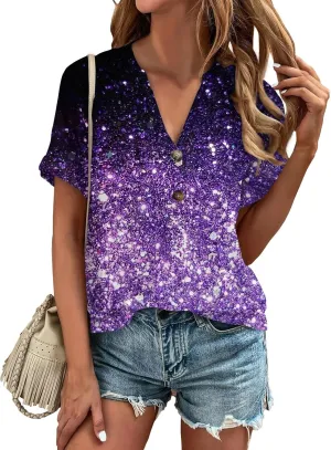 Womens 2024 Summer Tops Floral Short Sleeve V Neck Blouses for Women Dressy Casual Loose Vaction Button Shirts