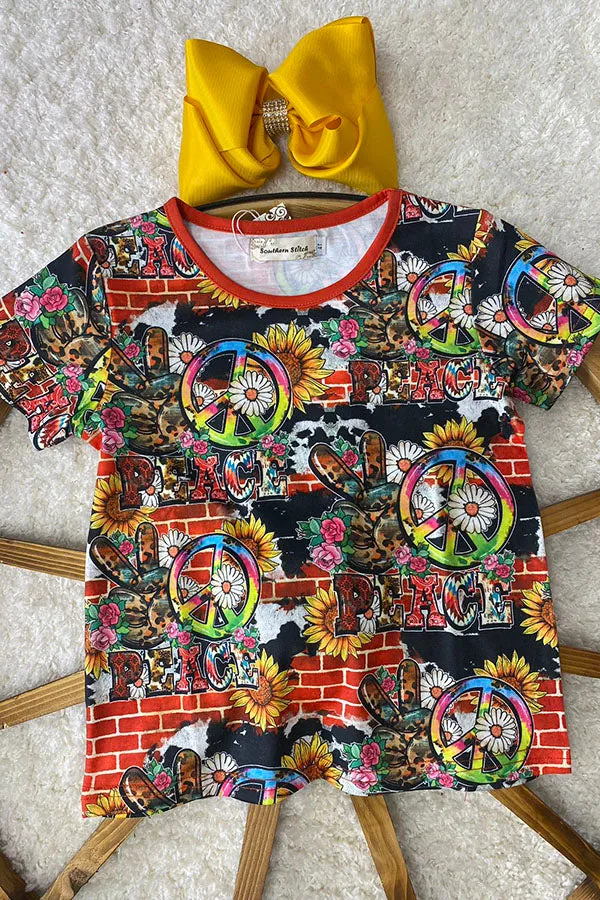 XCH0660-3H PEACE Sunflower printed short sleeve girls t-shrit