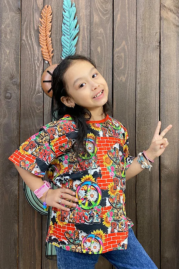 XCH0660-3H PEACE Sunflower printed short sleeve girls t-shrit